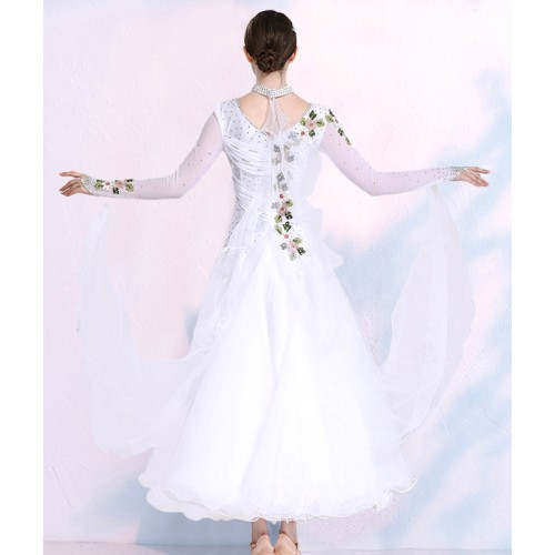White competition ballroom dance dresses for women female professional stage performance rhinestones waltz tango dance gown